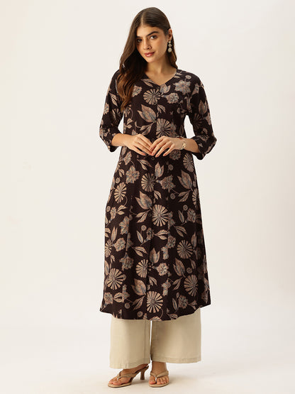 Wine & Beige V - Neck Floral Printed A - Line Kurta