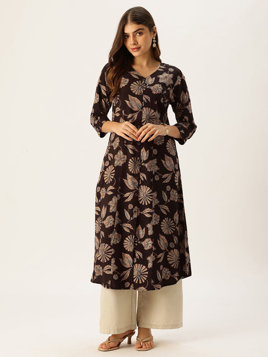 Wine & Beige V - Neck Floral Printed A - Line Kurta