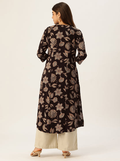 Wine & Beige V - Neck Floral Printed A - Line Kurta