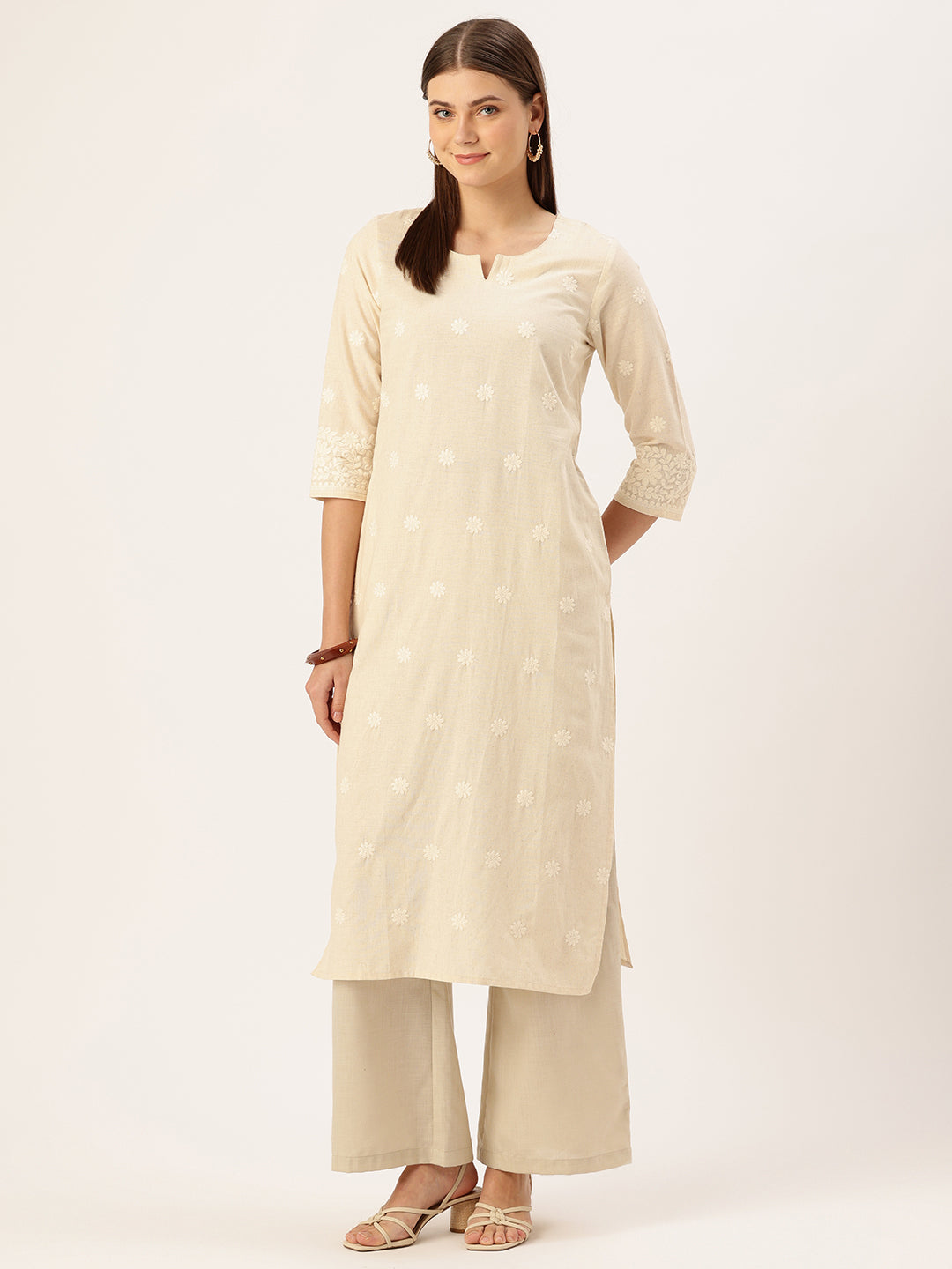 Beige Embroidery Straight Kurta