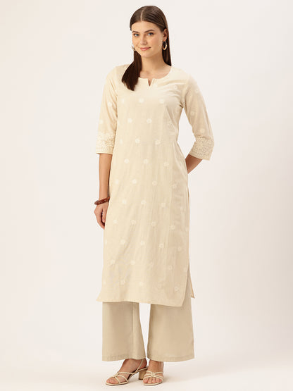 Beige Embroidery Straight Kurta