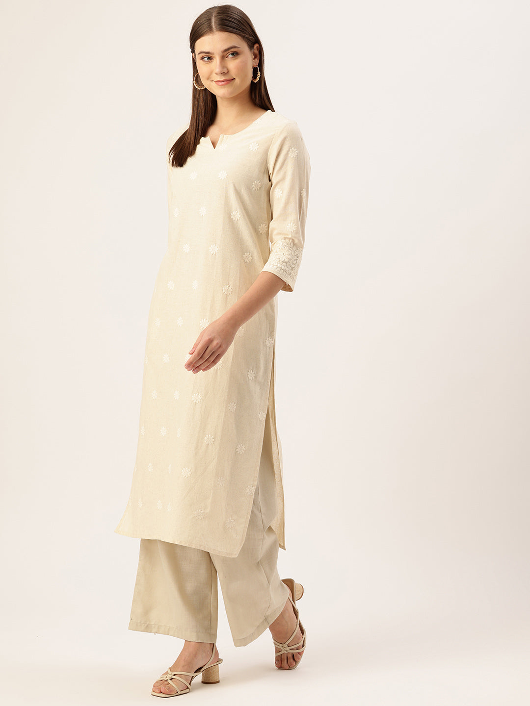 Beige Embroidery Straight Kurta