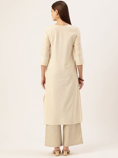 Beige Embroidery Straight Kurta