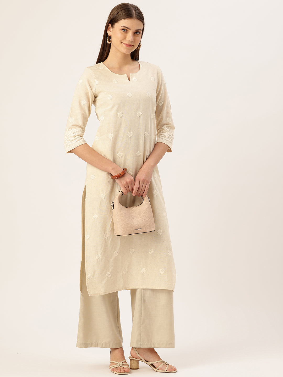 Beige Embroidery Straight Kurta