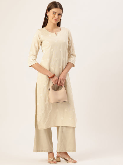 Beige Embroidery Straight Kurta