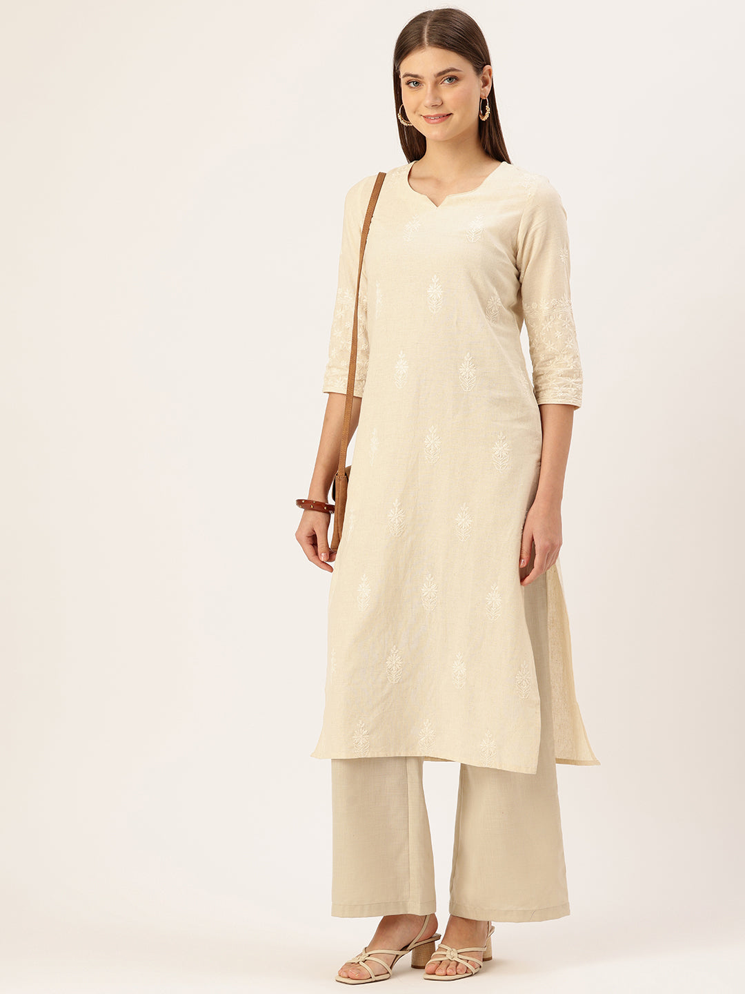 Beige Floral Embroidered Straight Kurta