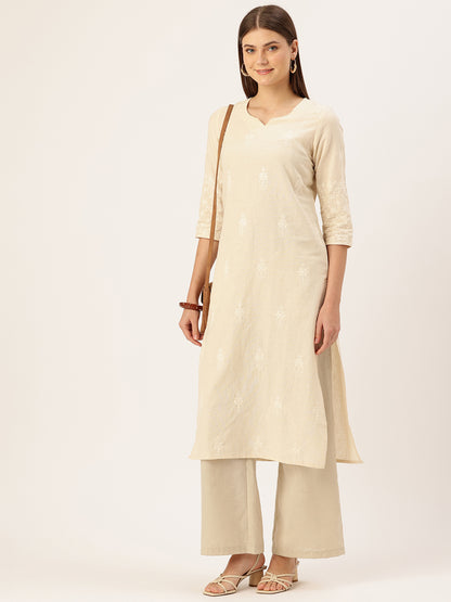 Beige Floral Embroidered Straight Kurta