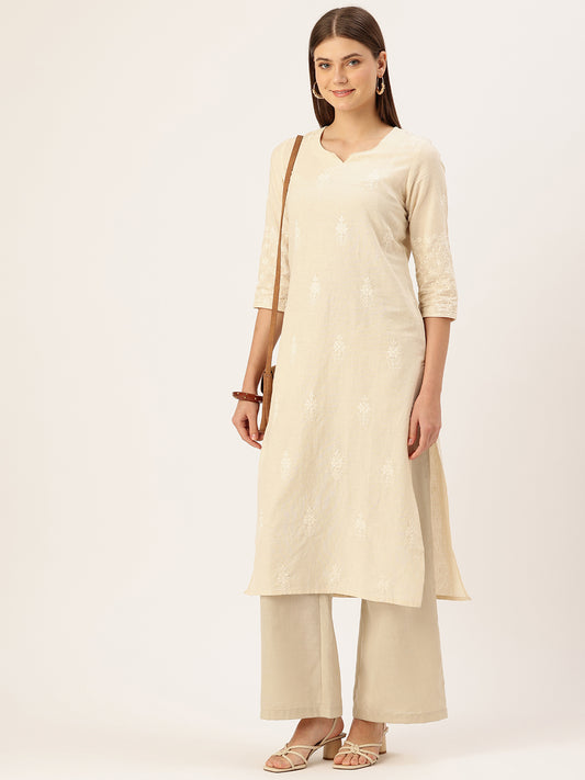 Beige Floral Embroidered Straight Kurta