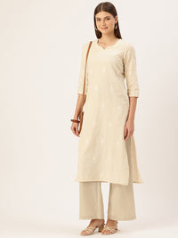 Beige Floral Embroidered Straight Kurta