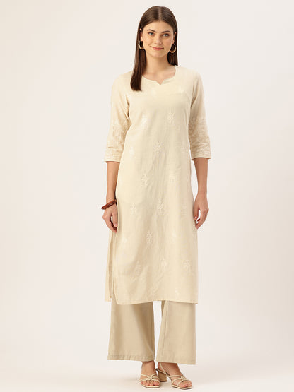 Beige Floral Embroidered Straight Kurta