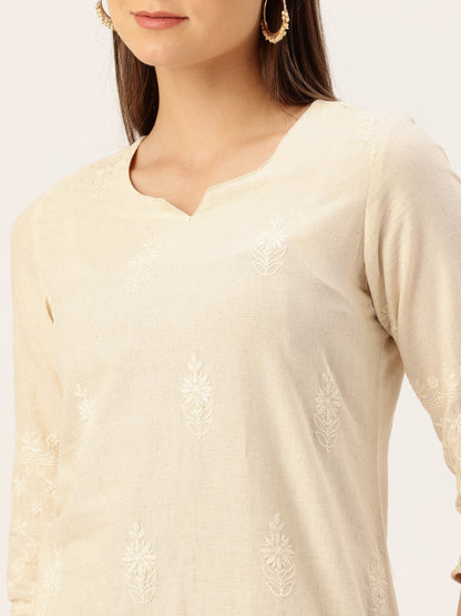 Beige Floral Embroidered Straight Kurta