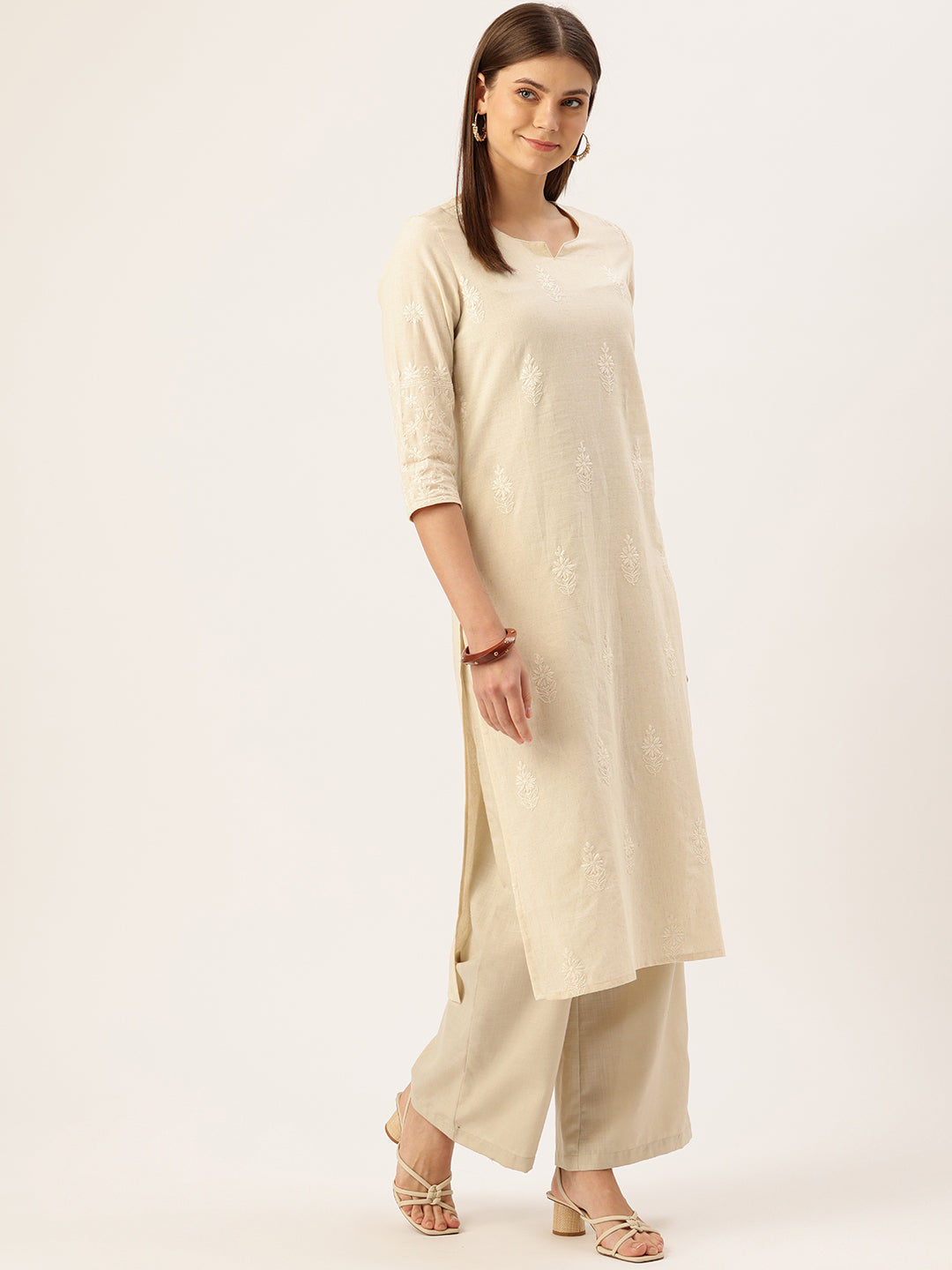 Beige Floral Embroidered Straight Kurta