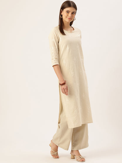 Beige Floral Embroidered Straight Kurta