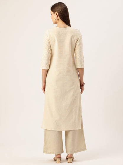 Beige Floral Embroidered Straight Kurta