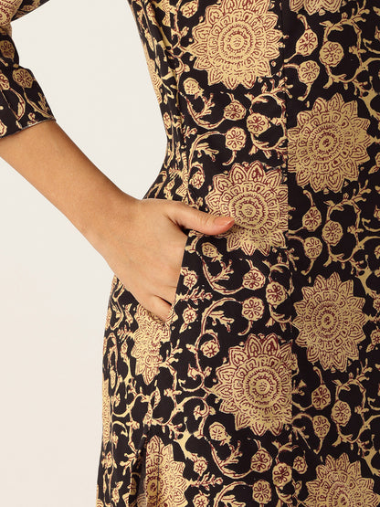 Beige Floral Printed A - Line Kurta