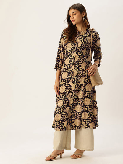 Beige Floral Printed A - Line Kurta