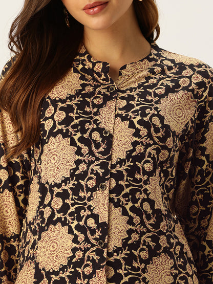 Beige Floral Printed A - Line Kurta