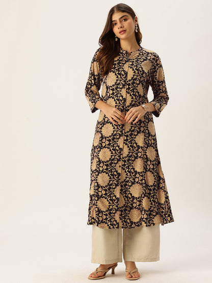 Beige Floral Printed A - Line Kurta