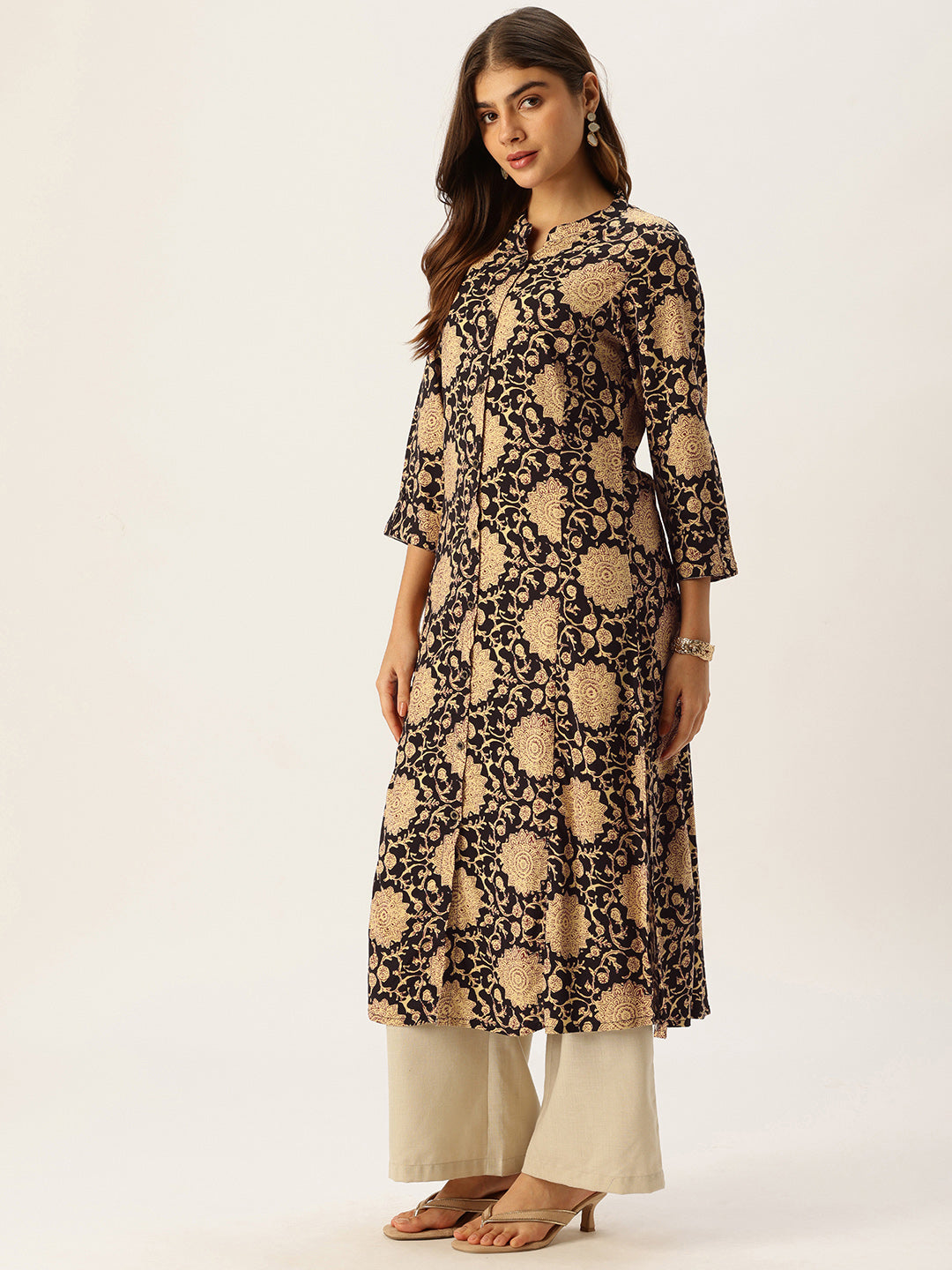 Beige Floral Printed A - Line Kurta