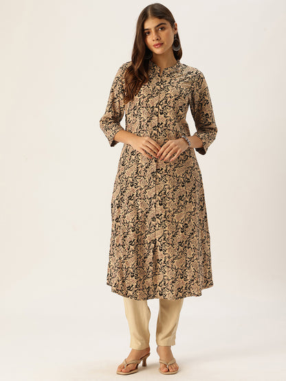 Beige Floral Printed A - Line Kurta
