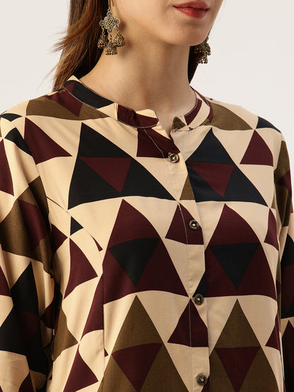 Beige Geometric Printed Kurta