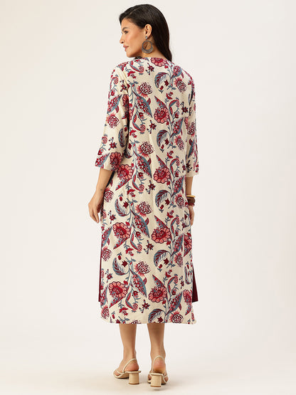 Beige & Red Printed Dress With Shrug