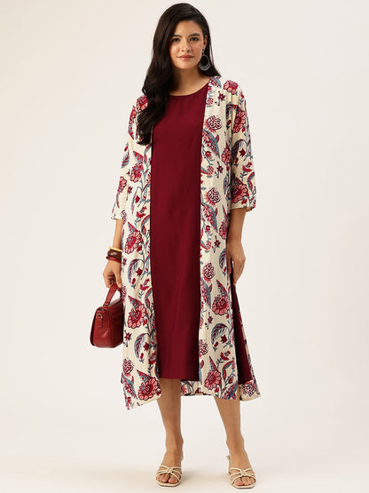 Beige & Red Printed Dress With Shrug
