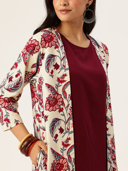 Beige & Red Printed Dress With Shrug