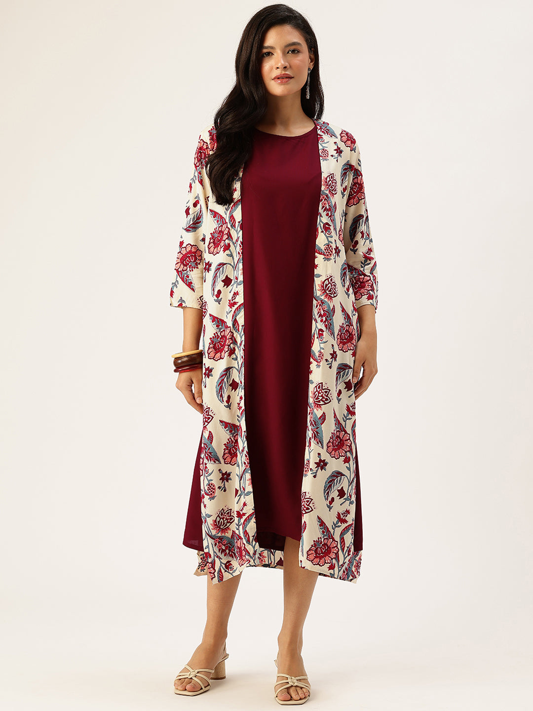 Beige & Red Printed Dress With Shrug