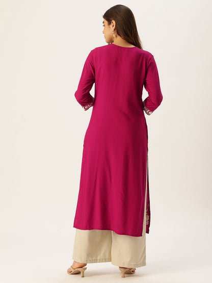 Pink Floral Embroidered Straight Kurta