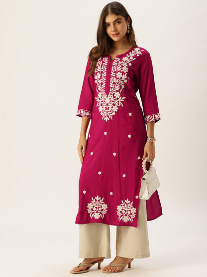 Pink Floral Embroidered Straight Kurta