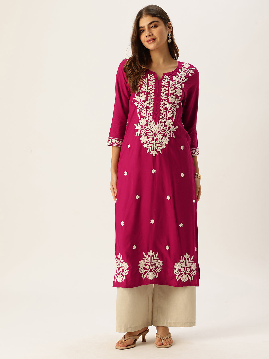 Pink Floral Embroidered Straight Kurta