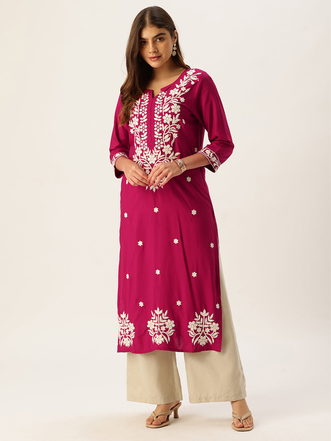 Pink Floral Embroidered Straight Kurta