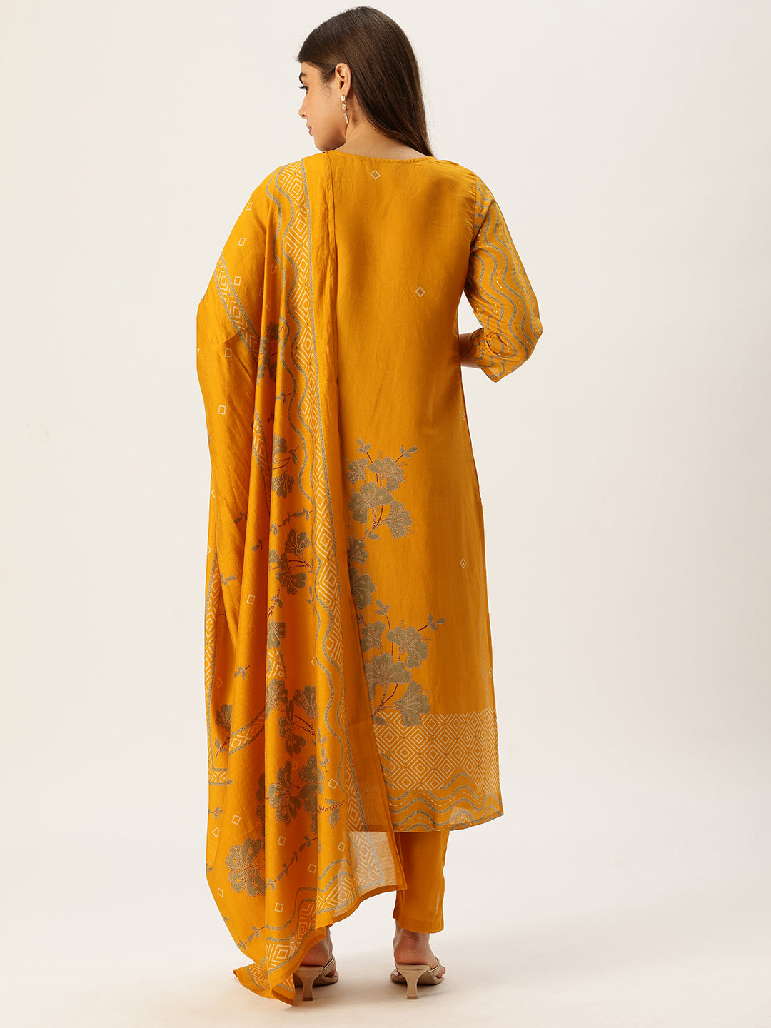 Yellow Printed Kurta with Trousers With Dupatta