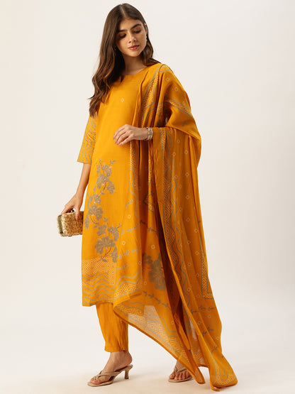 Yellow Printed Kurta with Trousers With Dupatta