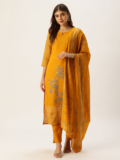 Yellow Printed Kurta with Trousers With Dupatta