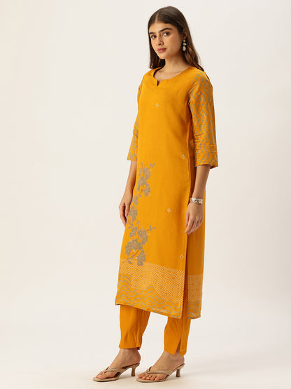 Yellow Printed Kurta with Trousers With Dupatta