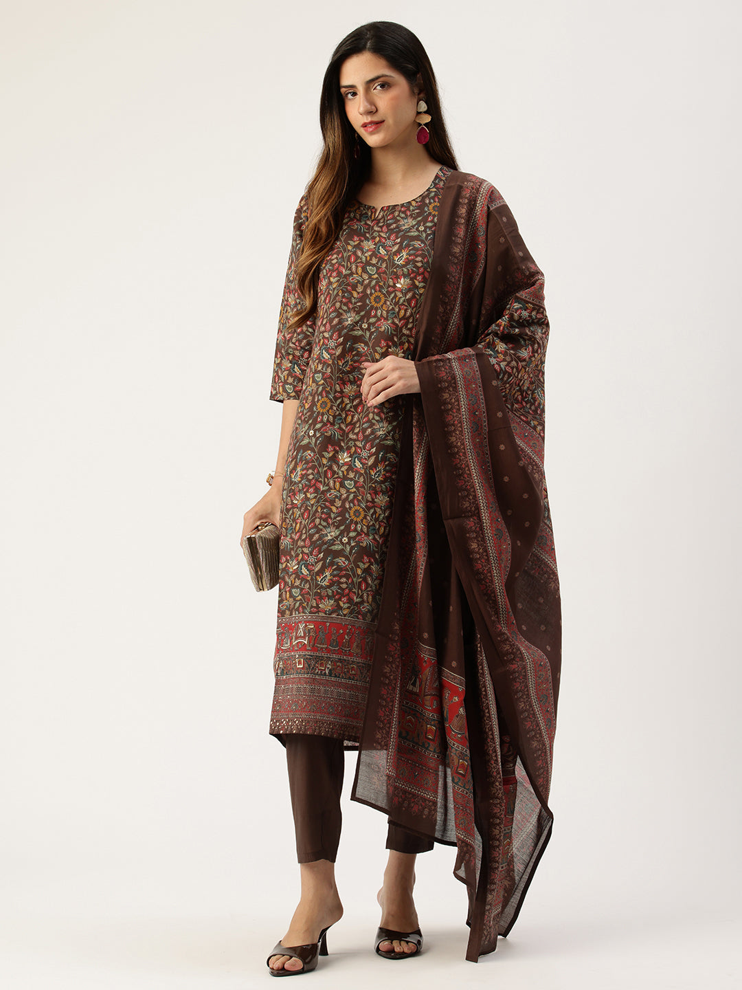 Brown Floral Printed Kurta with Trousers & Dupatta