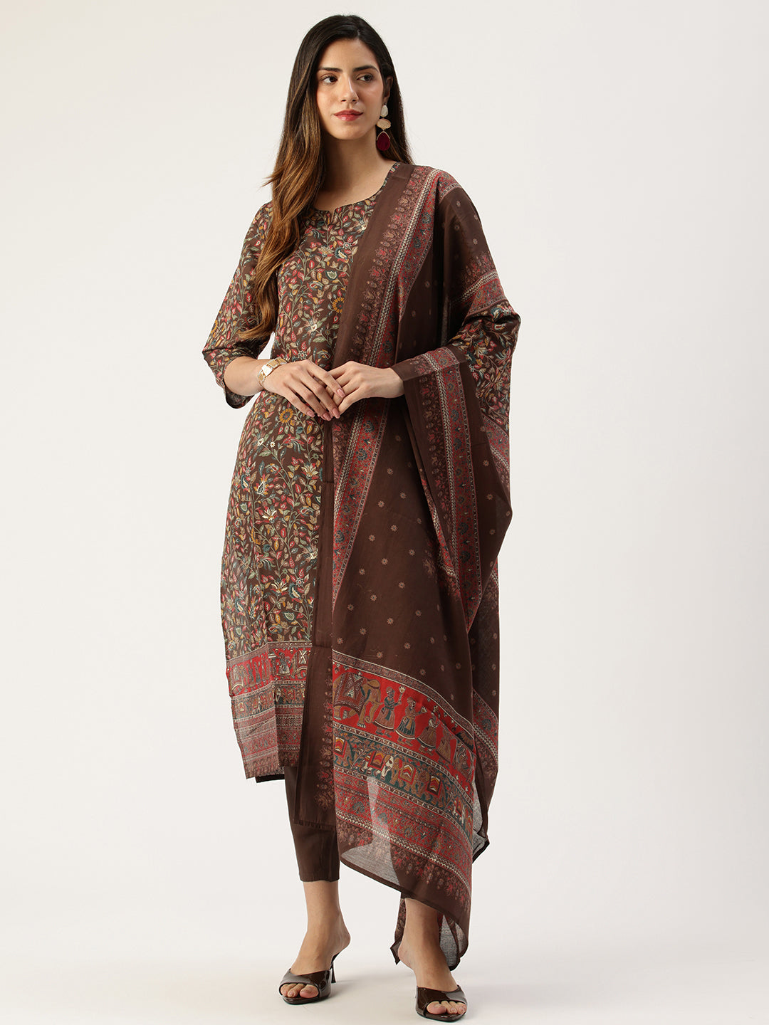 Brown Floral Printed Kurta with Trousers & Dupatta