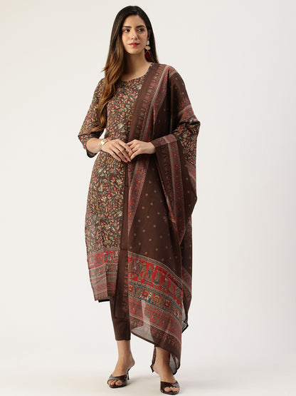 Brown Floral Printed Kurta with Trousers & Dupatta
