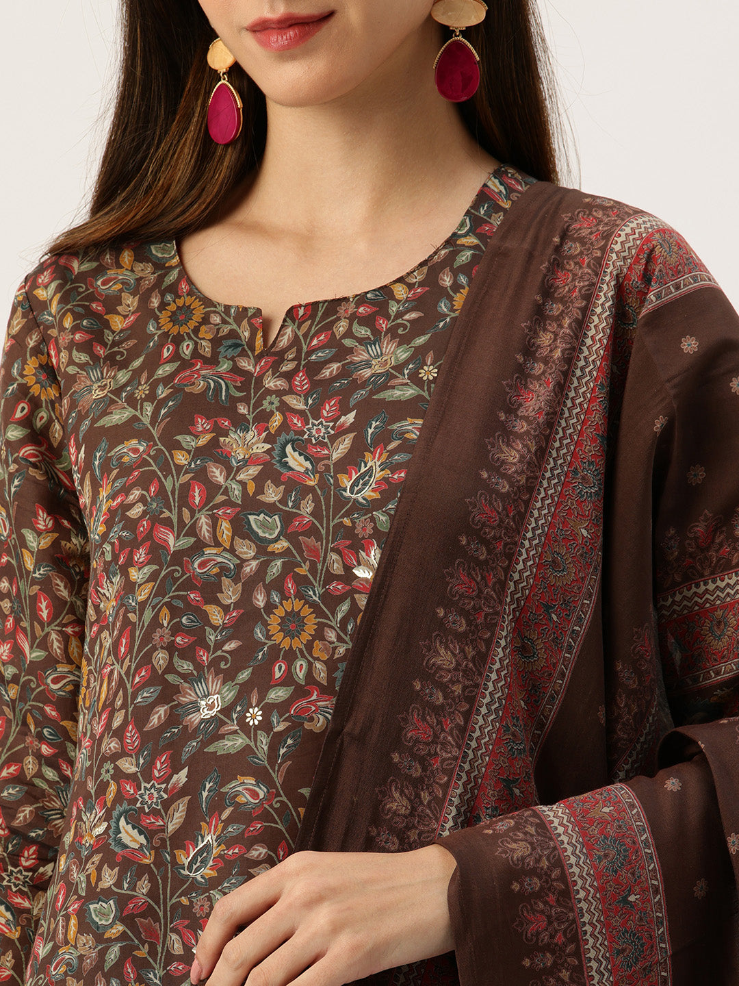 Brown Floral Printed Kurta with Trousers & Dupatta