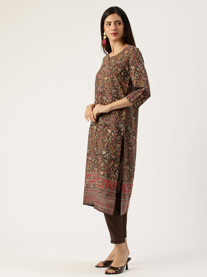 Brown Floral Printed Kurta with Trousers & Dupatta