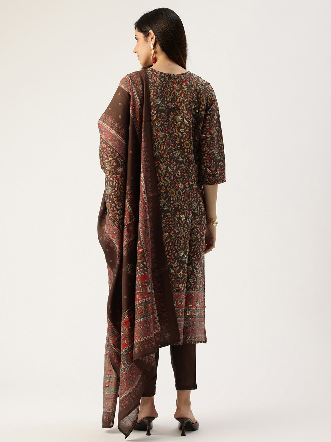 Brown Floral Printed Kurta with Trousers & Dupatta