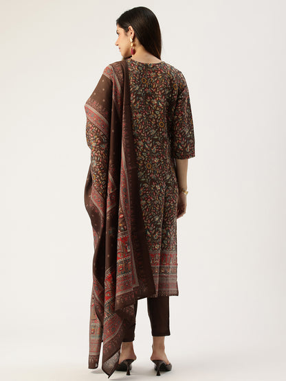Brown Floral Printed Kurta with Trousers & Dupatta