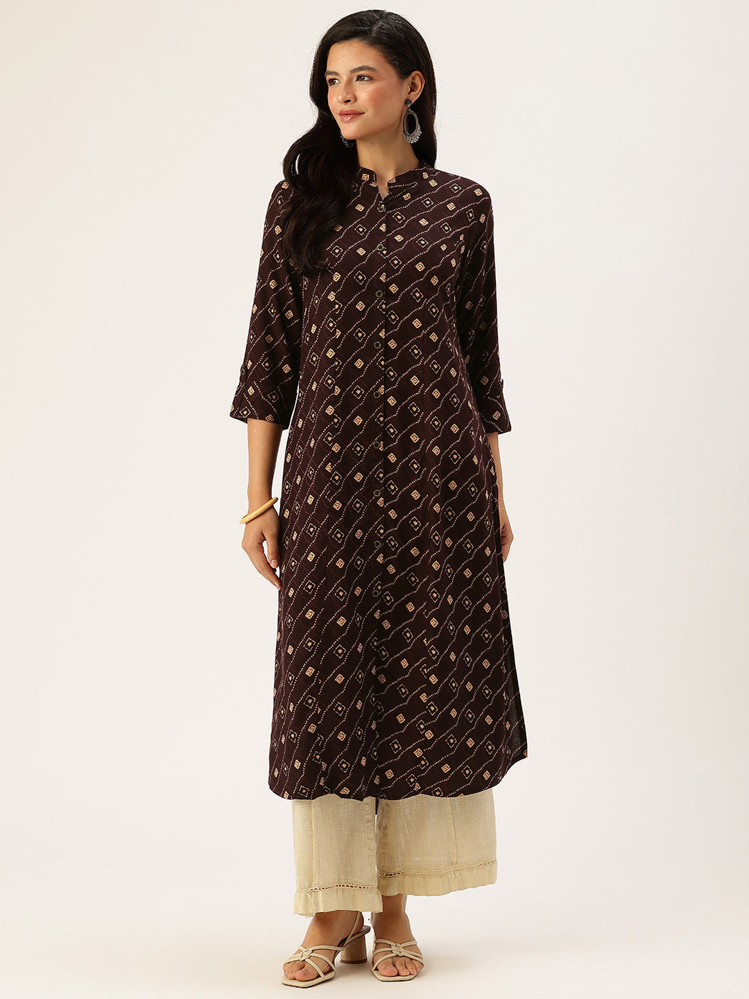 Wine Bandhani Printed A - Line Kurta