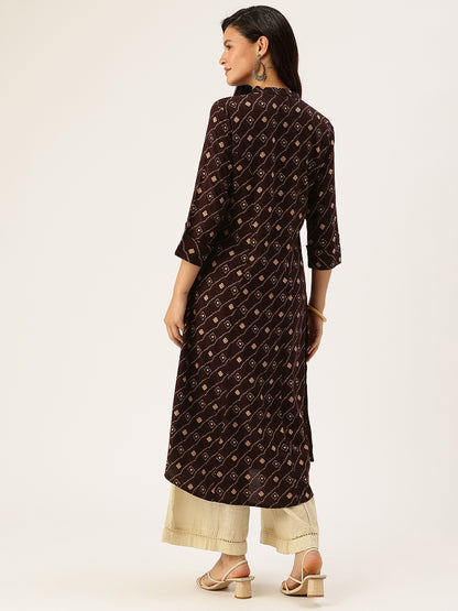 Wine Bandhani Printed A - Line Kurta