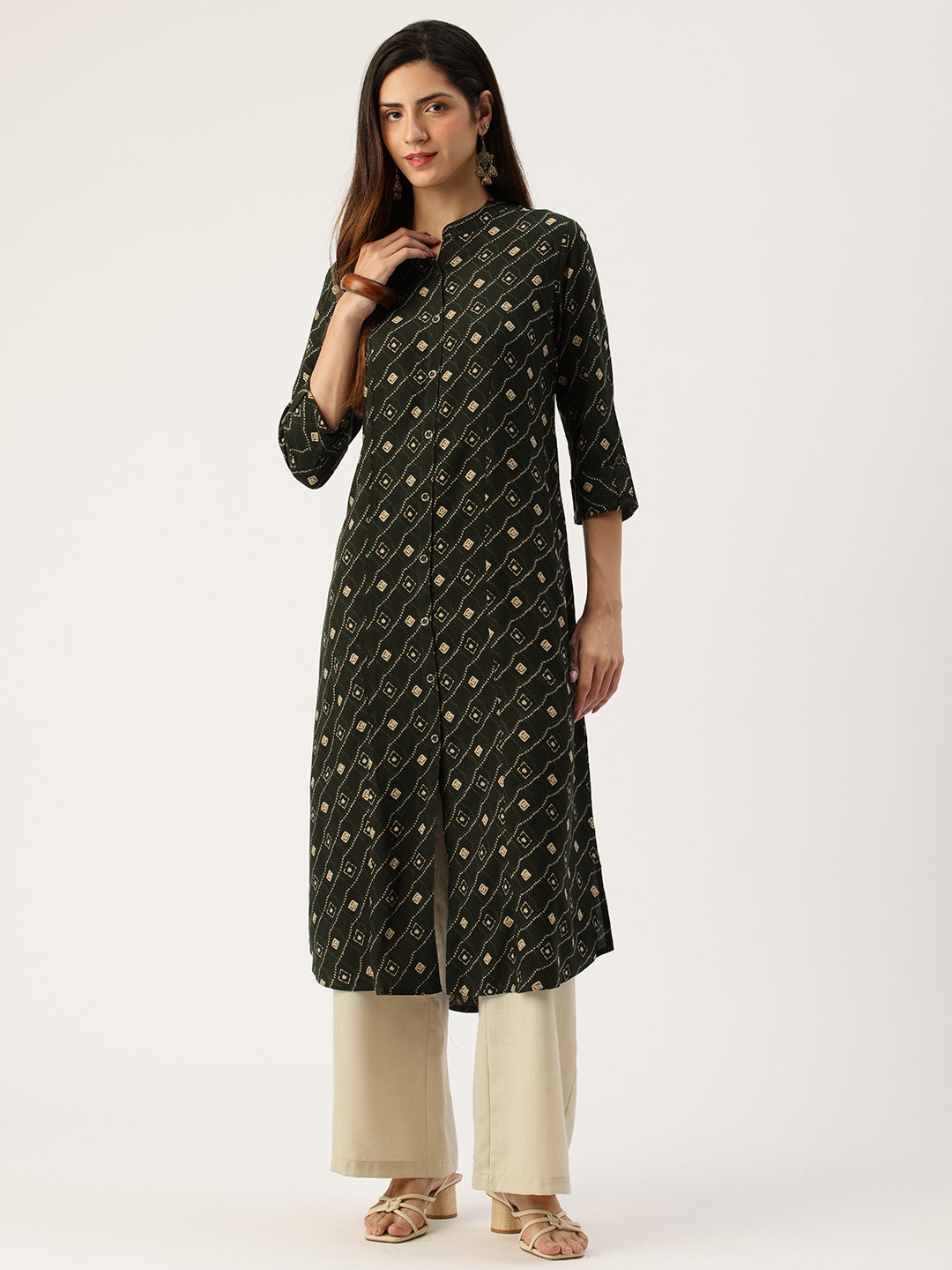 Green Printed A - Line Kurta