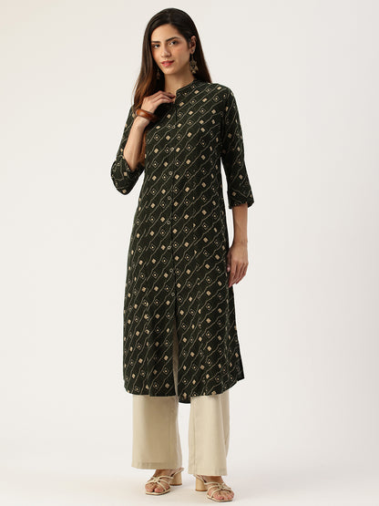 Green Printed A - Line Kurta