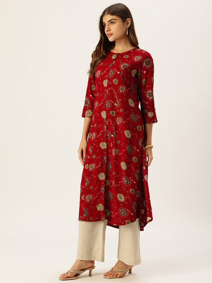 Red Printed A-Line Kurta