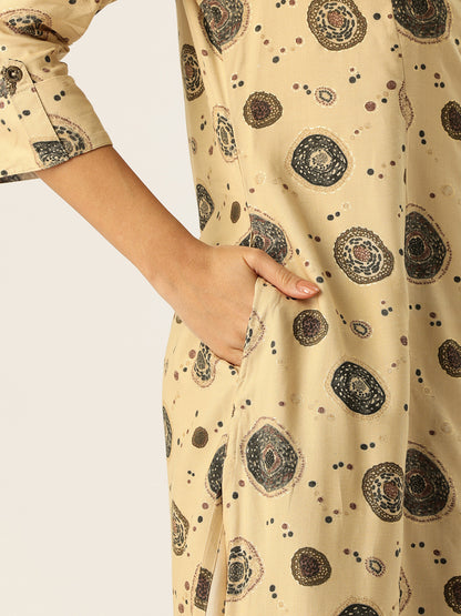 Beige Printed A - Line Kurta